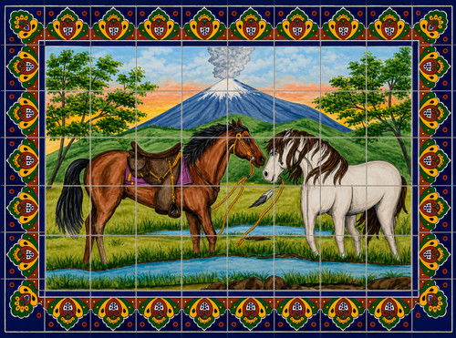 Volcano horses mexican tile mural