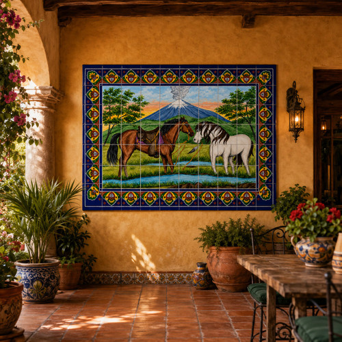 Volcano horses mexican tile mural displayed on a hacienda patio wall with terracotta flooring