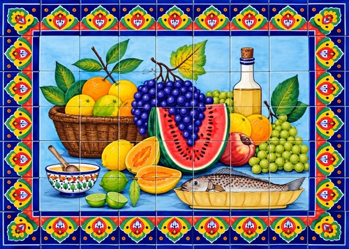 Talavera tile mural with painted fruit backet and fish on a plate