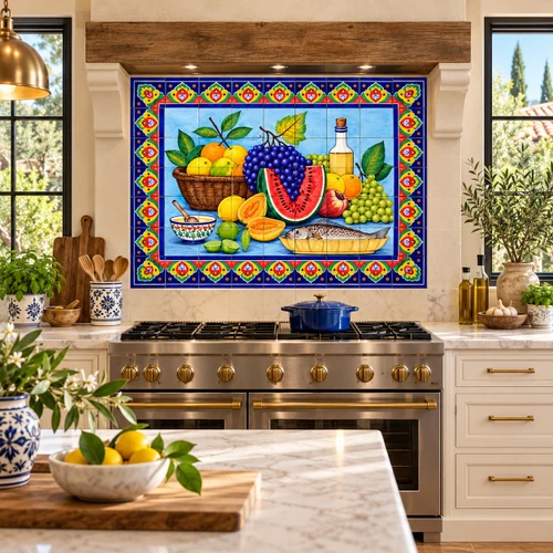 Talavera tile mural with fruit & fish in a gourmet kitchen with handcrafted accents.