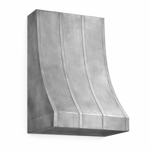 Side view of a smooth zinc range hood with natural finish and refined bell silhouette