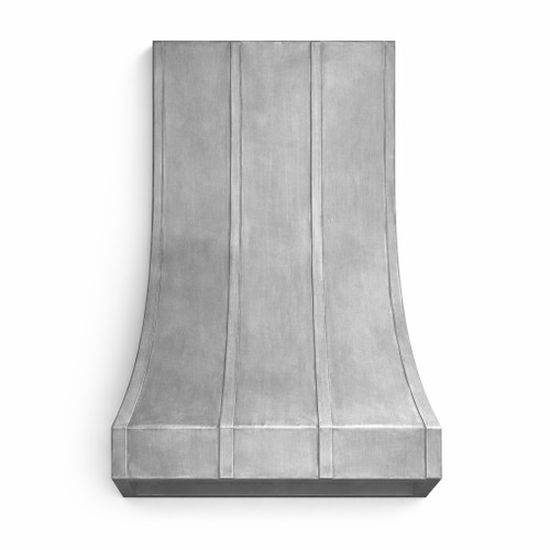 Smooth zinc range hood with natural finish and refined bell silhouette front view