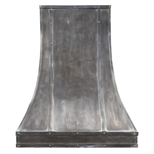 Front view of a dark zinc range hood with riveted vertical strap seams and a tall architectural bell silhouette, tailored and intentionally constructed
