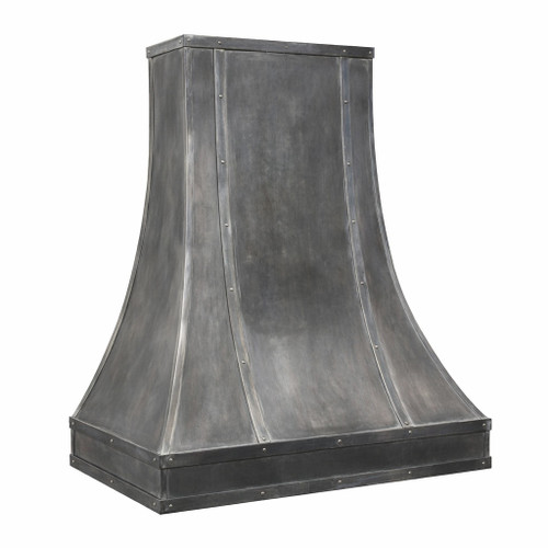 Side view of a dark zinc range hood with riveted vertical strap seams, highlighting its tall architectural bell silhouette