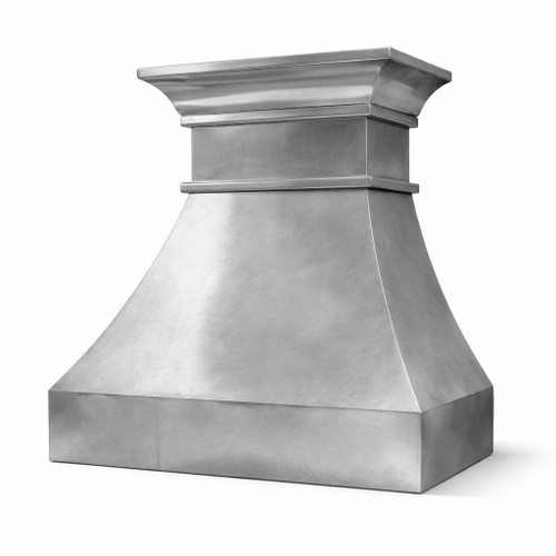 Side view of zinc range hood with stepped crown molding in a natural metal finish
