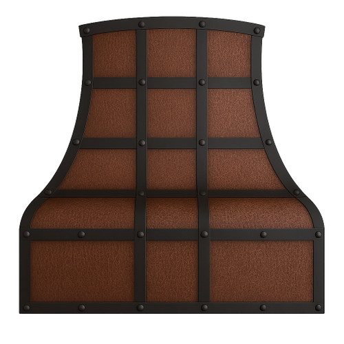 Handmade copper range hood in Spanish Colonial style front view, hammered canopy with warm patina and decorative colonial detailing