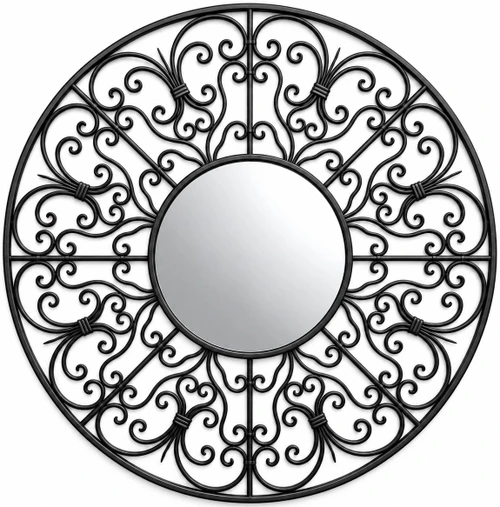 Round wrought iron mirror with ornate scrollwork with dark rust brown finish
