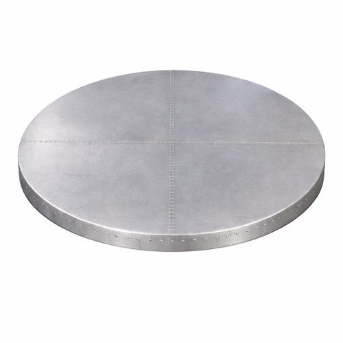 Front view of a zinc round tabletop designed for both commercial and residential use