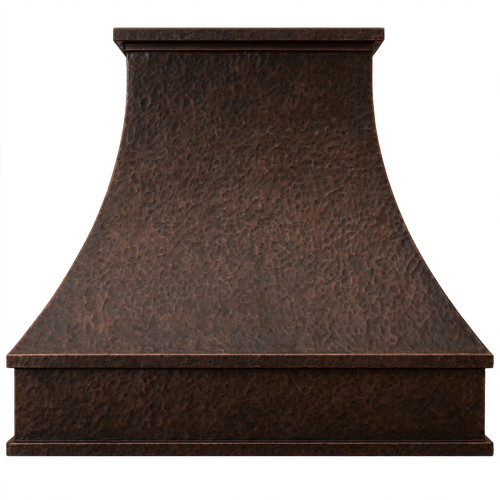Dark coffee patina hand hammered copper range hood bell shape with crown molding and boxed apron