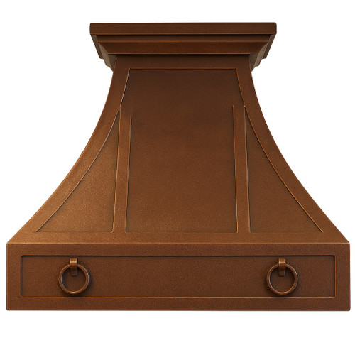 Bell-shaped copper kitchen vent with decorative rings and artisan patina finish