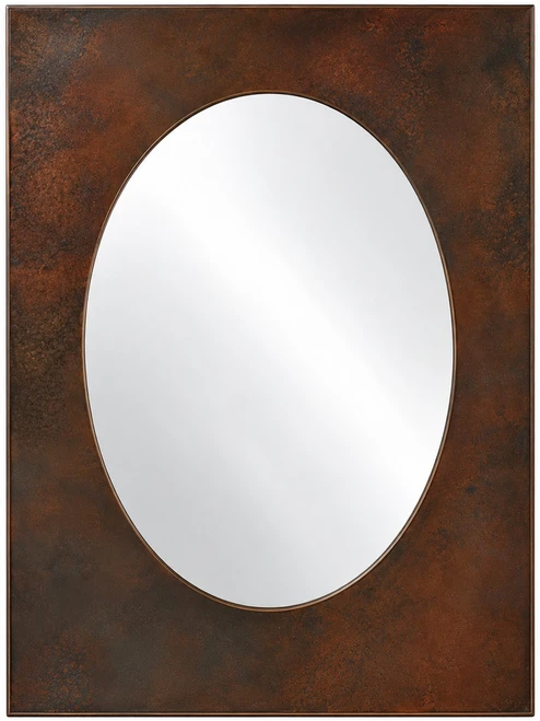 Rectangular copper mirror with oval inset frame showing hammered texture and rich coffee-brown patina finish
