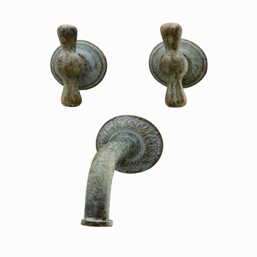 Rustic oxidized bronze wall faucet with dual paddle handles uses a classic three-piece wall-mounted layout designed for kitchens, bars, and bathrooms.