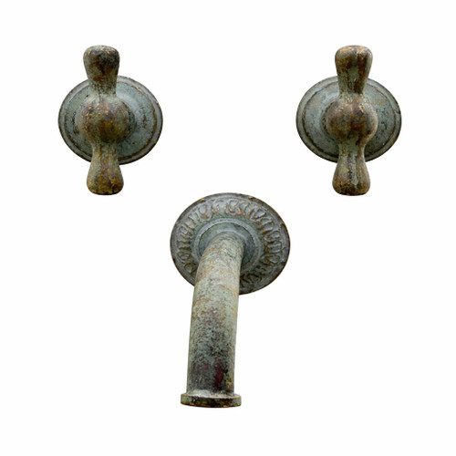 Rustic oxidized bronze wall faucet with dual paddle handles front view