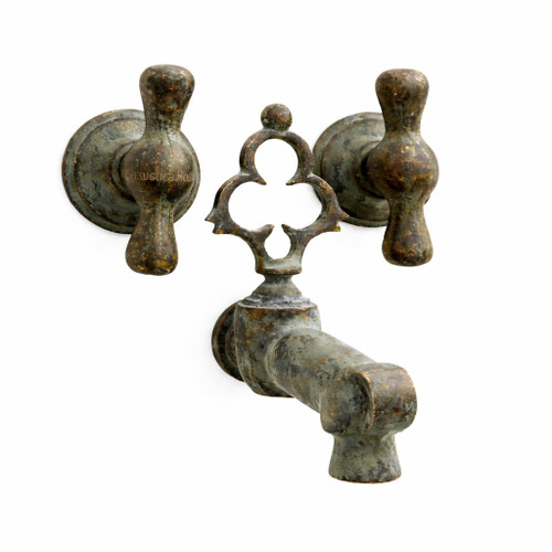 Antique oxidized bronze wall faucet with quatrefoil featuring a classic three-piece wall-mount layout for a kitchen or bathroom