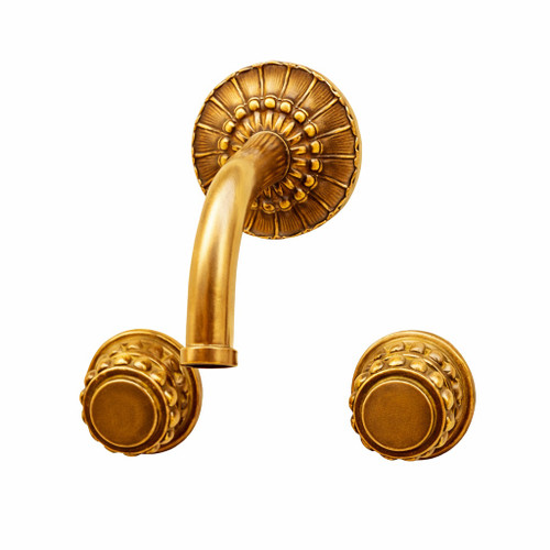 Bronze wall faucet with ornate round handles with golden finish