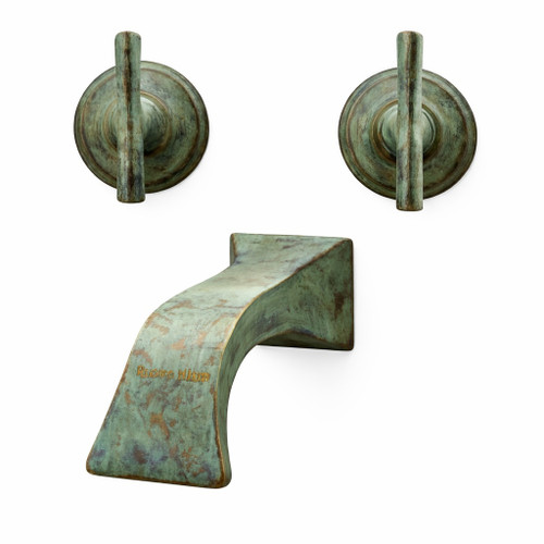 Brass wall mount faucet with patina finish handcrafted from solid bronze for a bathroom or kitchen