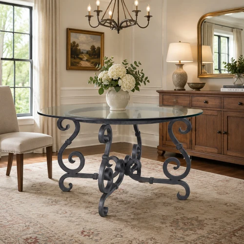 Wrought iron table base with ornate scrolls with glass top in an elegant dining room