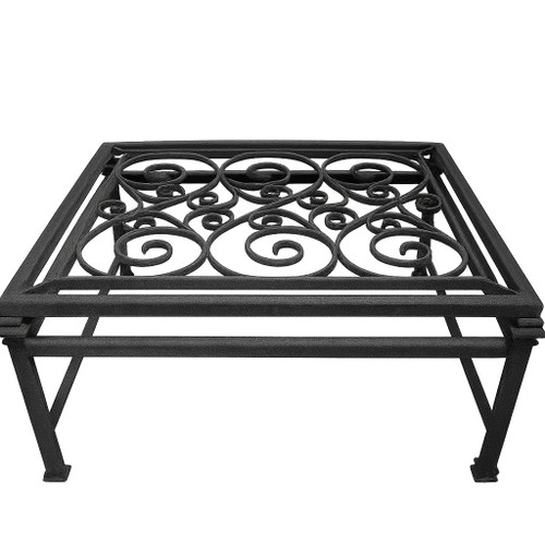 Custom made Spanish colonial iron table base in round shape with decorative scrollwork and matte black finish