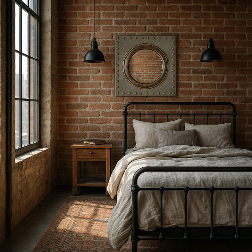 Hand made zinc porthole mirror with rivets hanged above a bed in a loft style bedroom
