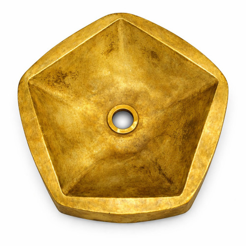 Pentagonal brass bathroom sink with artisan golden color patina