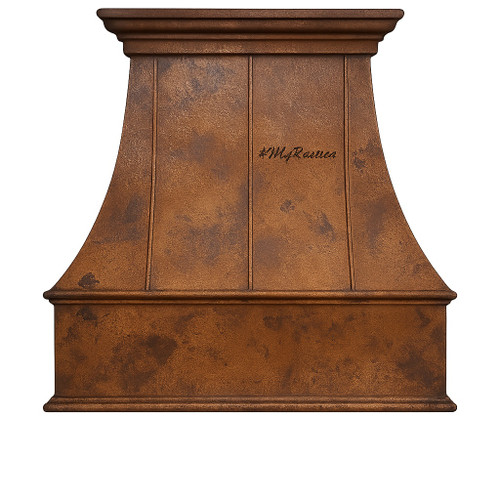 Traditional hammered copper range hood canopy with wide apron front view, warm patina surface with broad lower band and tapered chimney
