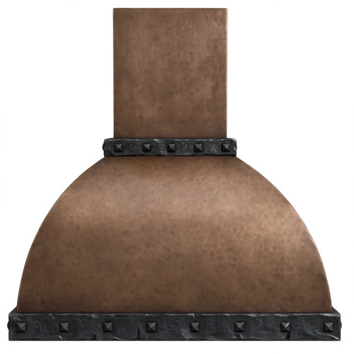 Front view dome bell copper range hood in dull antique light coffee with forged iron straps and pyramid rivets
