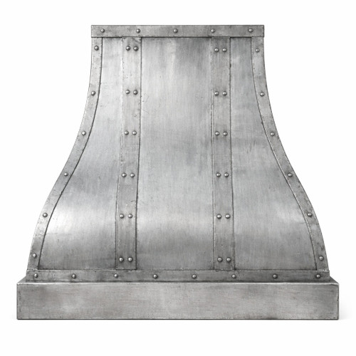 Brushed zinc range hood with three vertical straps and a squared crown and strong architectural presence