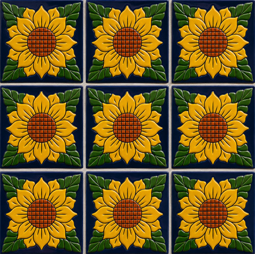 Sunflower mexican relief tile panel showing 9-tile layout with visible grout