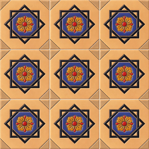 Mexican talavera relief tile with geometric floral Medallion shown as a nine piece relief tile set