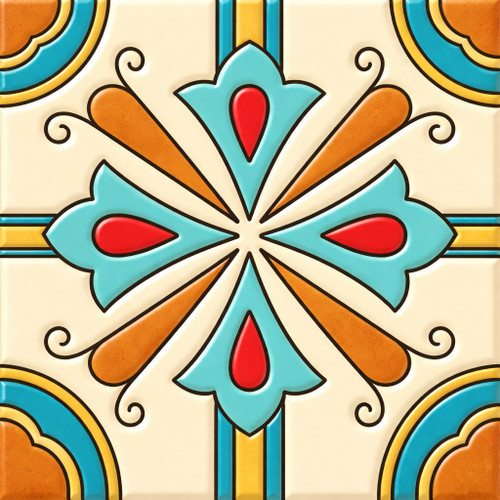 Talavera relief tile quatrefoil cross floral pattern