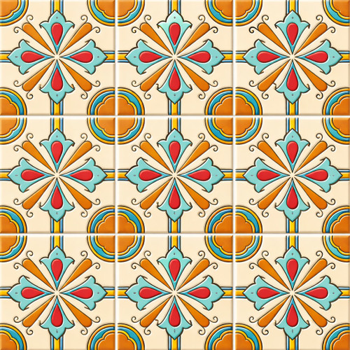 Talavera relief tile quatrefoil cross floral pattern nine tile set showing deep embossed details
