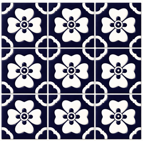 Talavera relief tile navy floral pattern showing nine identical raised tiles
