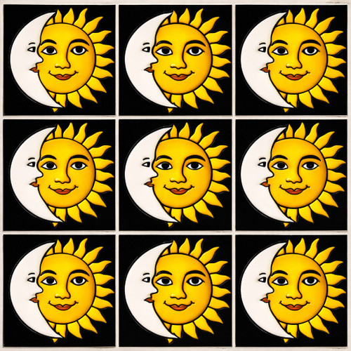 Mexican relief tile with sun moon motif nine tile set showing bold relief and solid colors