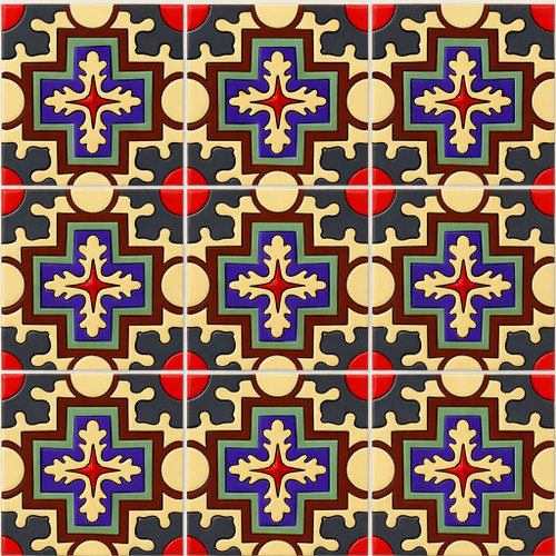 Mexican relief tile with cross star design nine tile set showing solid colors and strong relief