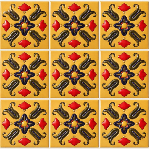 Talavera relief tile floral scroll medallion design nine tile set showing full repeated pattern