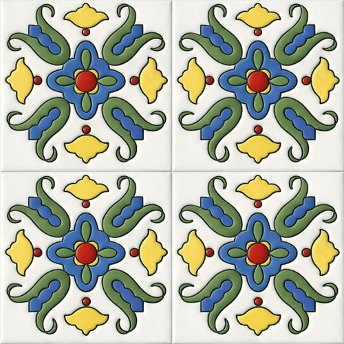 Mexican talavera relief tile floral medallion shown as a complete four tile relief set