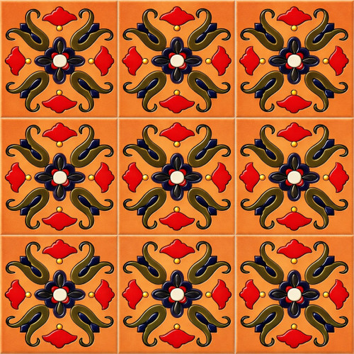 Mexican floral scroll talavera relief tile showing a nine tile relief set with raised floral scroll design