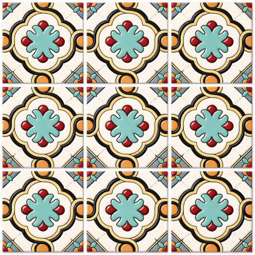 Florenzada cross mexican talavera relief tile shown as a complete nine piece relief tile set
