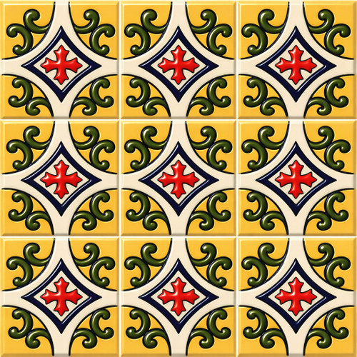 Talavera cross scroll mexican relief tile shown as a nine tile relief set with deep embossed detail