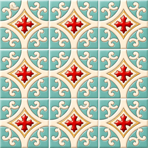 Mexican cross medallion talavera relief tile shown as a nine tile set with deep sculpted relief