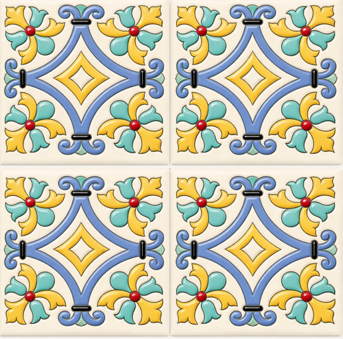 Mexican talavera relief tile floral diamond showing four identical raised ceramic tiles