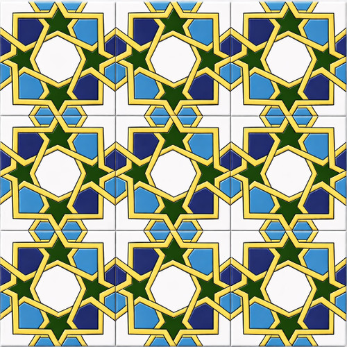 Mexican talavera relief tile geometric star pattern showing nine complete relief tiles with solid colors