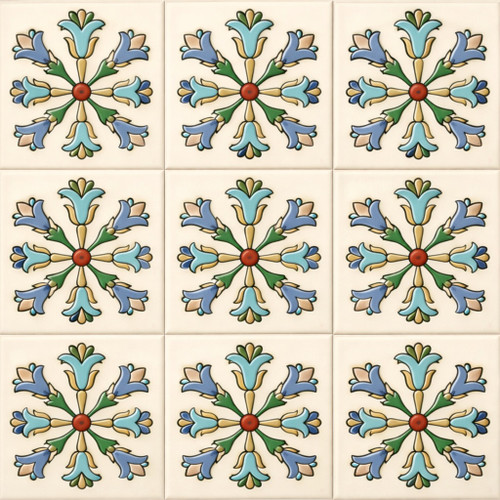 Mexican talavera relief tile floral cross pattern nine tile set showing full design repetition