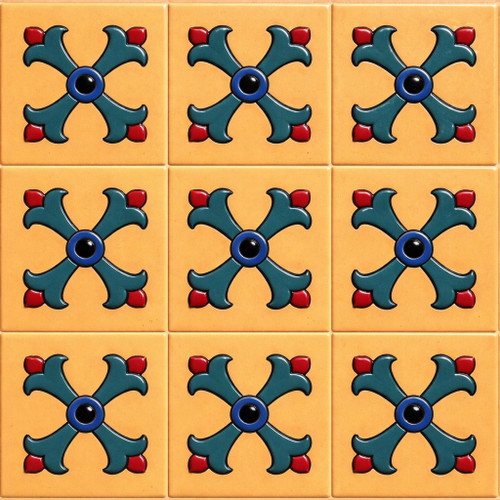 Mexican relief tile bold cross fleur design shown as nine identical raised tiles