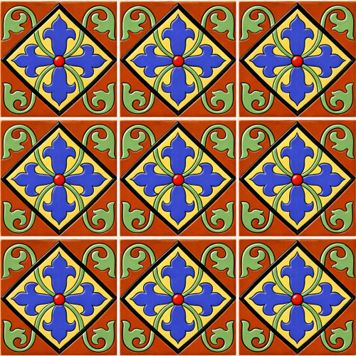 Talavera relief tile blue cross scroll pattern nine tile set