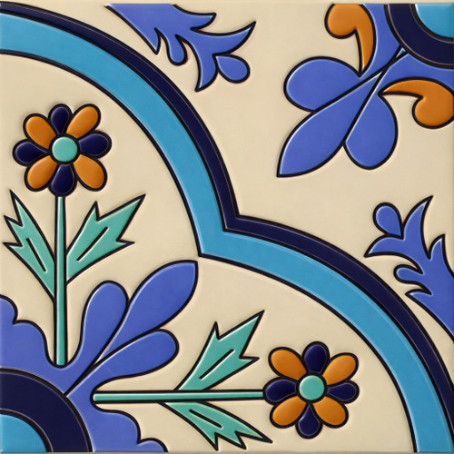 Mexican relief tile blue floral medallion design