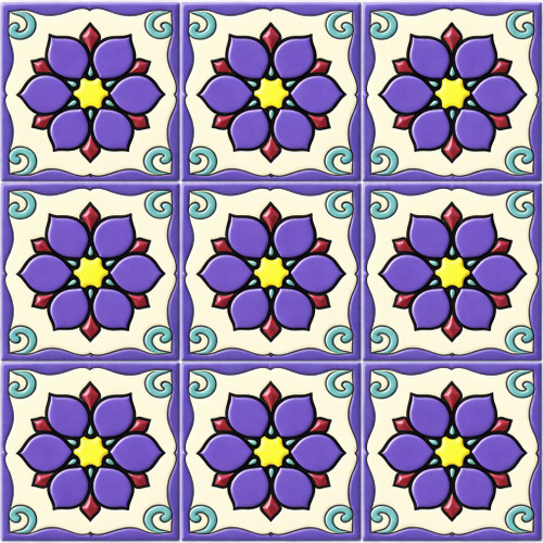 Talavera relief tile purple floral star design nine tile relief set with solid colors