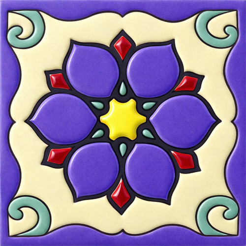 Talavera relief tile purple floral star design