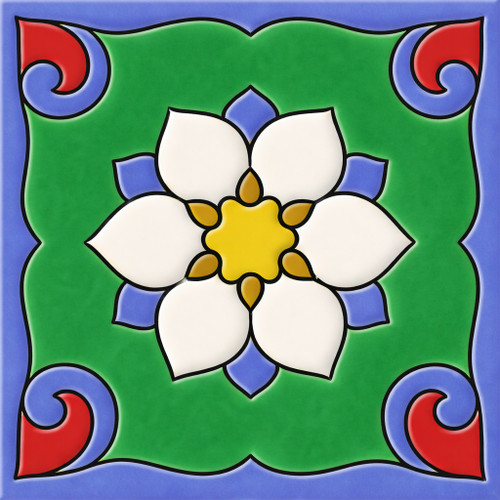 Talavera relief tile white floral medallion