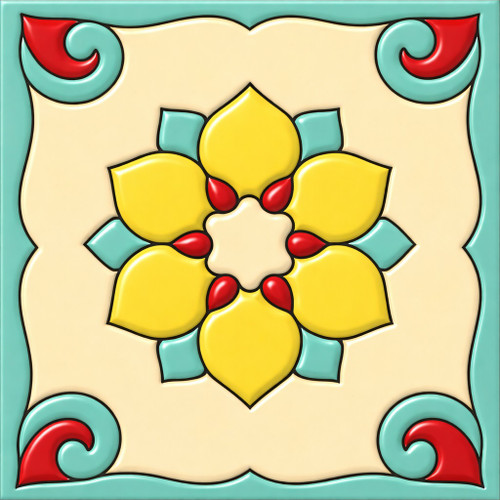 Talavera relief tile yellow floral scroll pattern